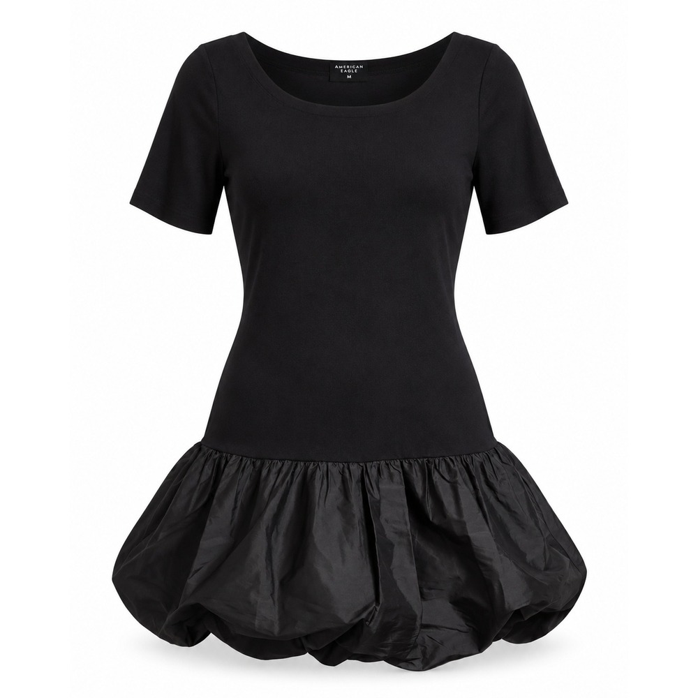 American Eagle Black Bubble Hem Mini Dress Medium NWT Short Sleeve Drop Waist